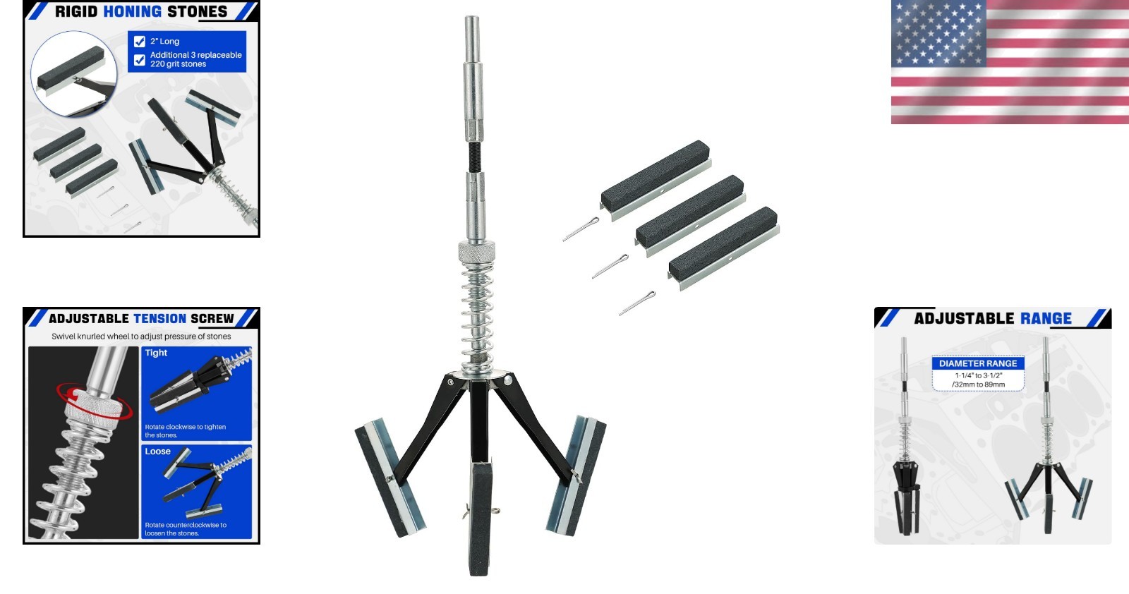 Engine Cylinder Hone with 3 Adjustable Stones | 1-1/4″ to 3-1/2″ Size