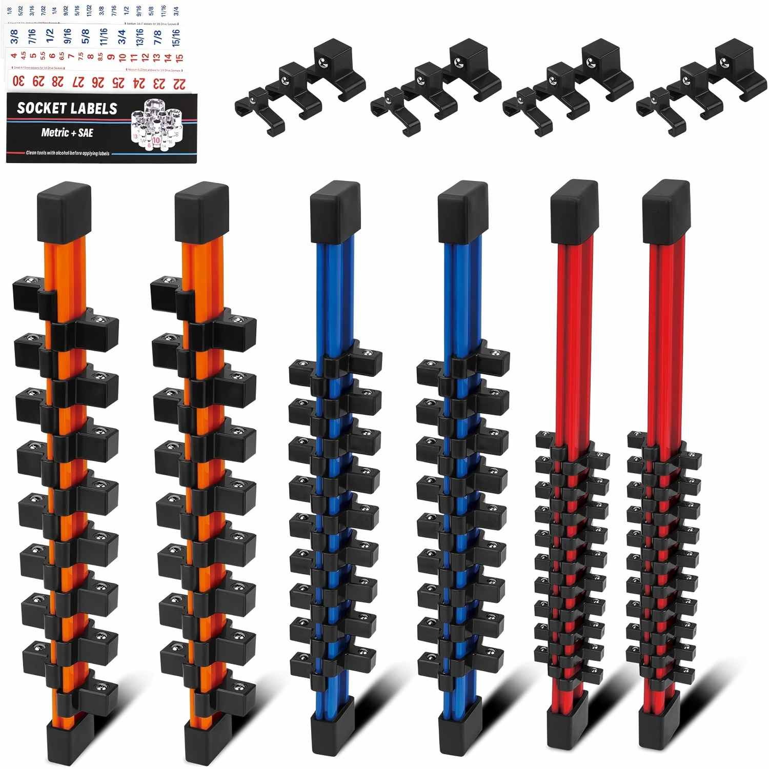 6PC Shallow Deep Socket Holder Organizer Rail Double Sided 1/4 3/8 1/2 in Driver