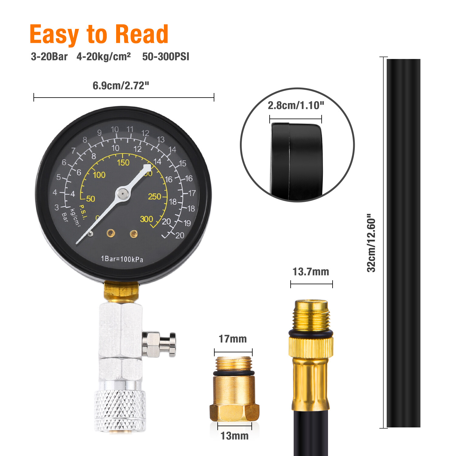 300PSI Engine Cylinder Compression Gauge Tester Kit Gas Diagnostic Tester Set US