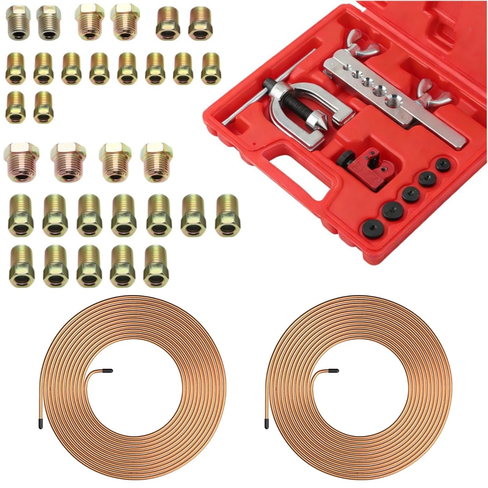 Brake Line Repair Kit 3/16 + 1/4 25 FT Copper Pipe Flaring Tool 32 Nuts Fitting