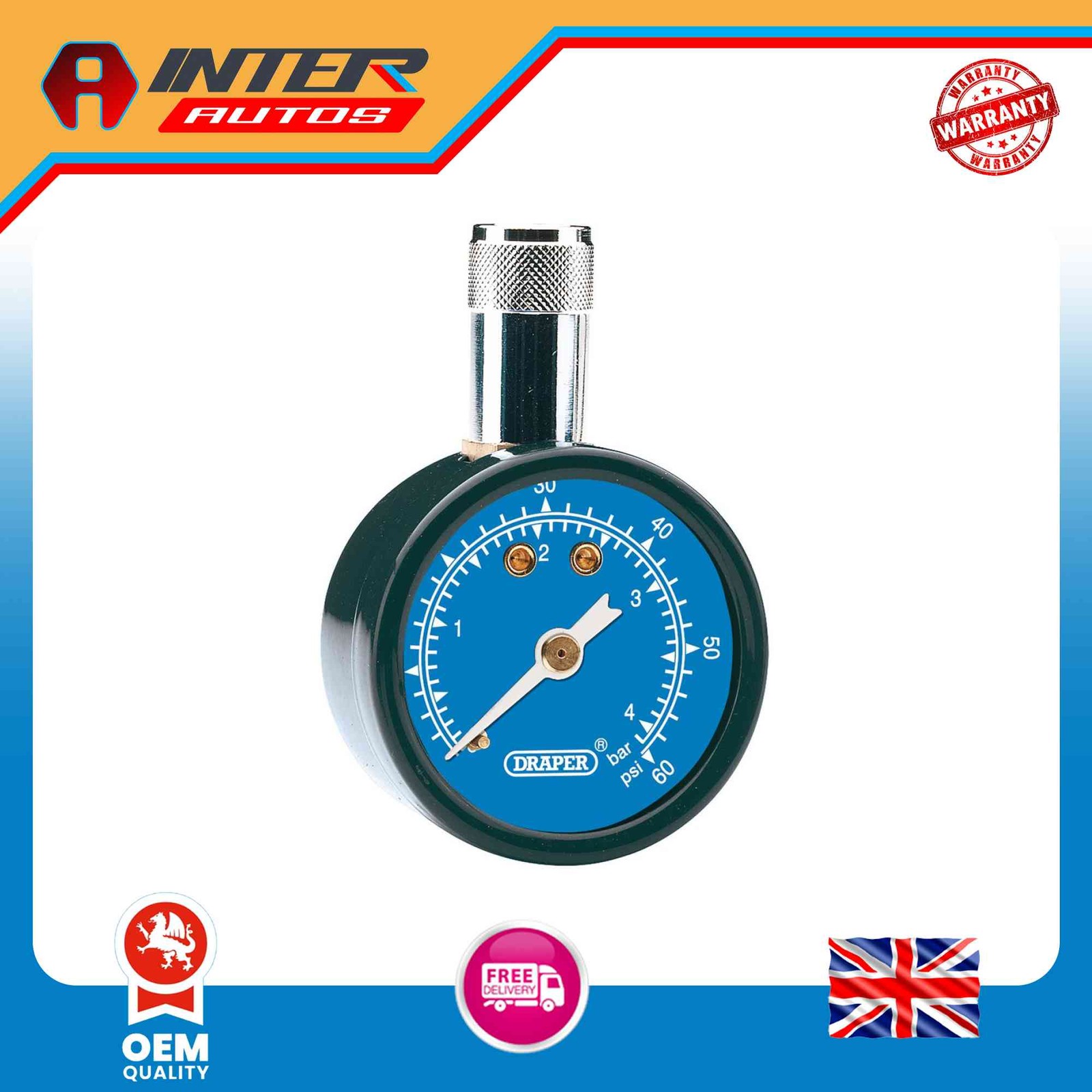 Draper Tyre Pressure Gauge TPG101, 0 – 60psi, 0 – 4 bar 69923