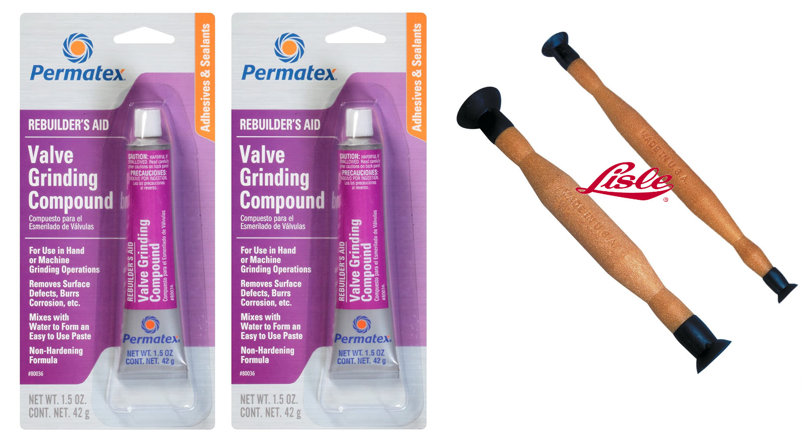 (2) Permatex Valve Lapping Compound + Lisle Tool 21100+21200 Lapper grinding Kit