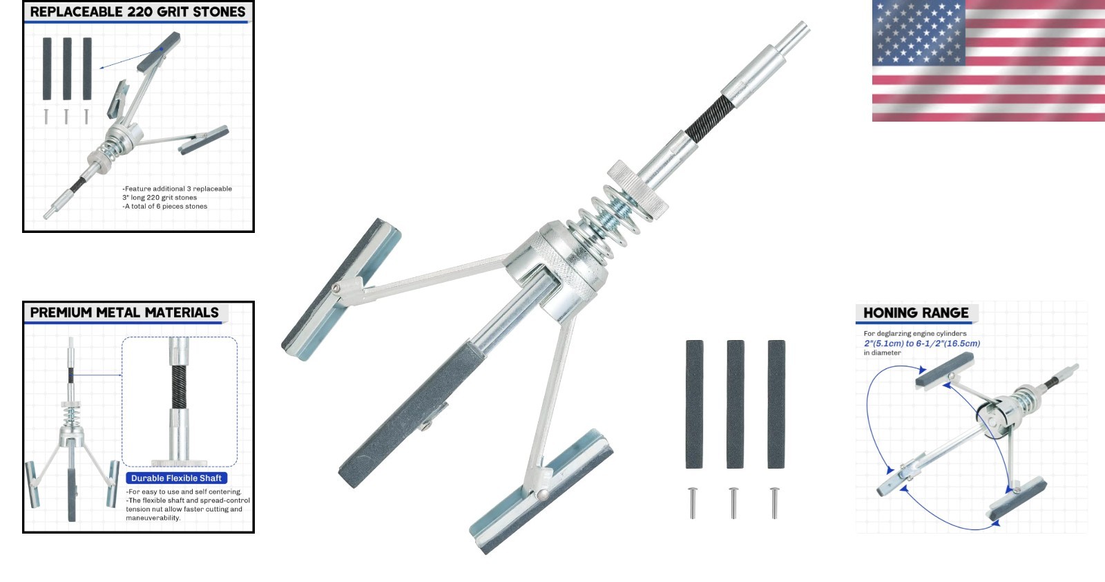 Engine Cylinder Hone Tool 2 to 6-1/2 Inch Adjustable Deglazer with 6 Stones