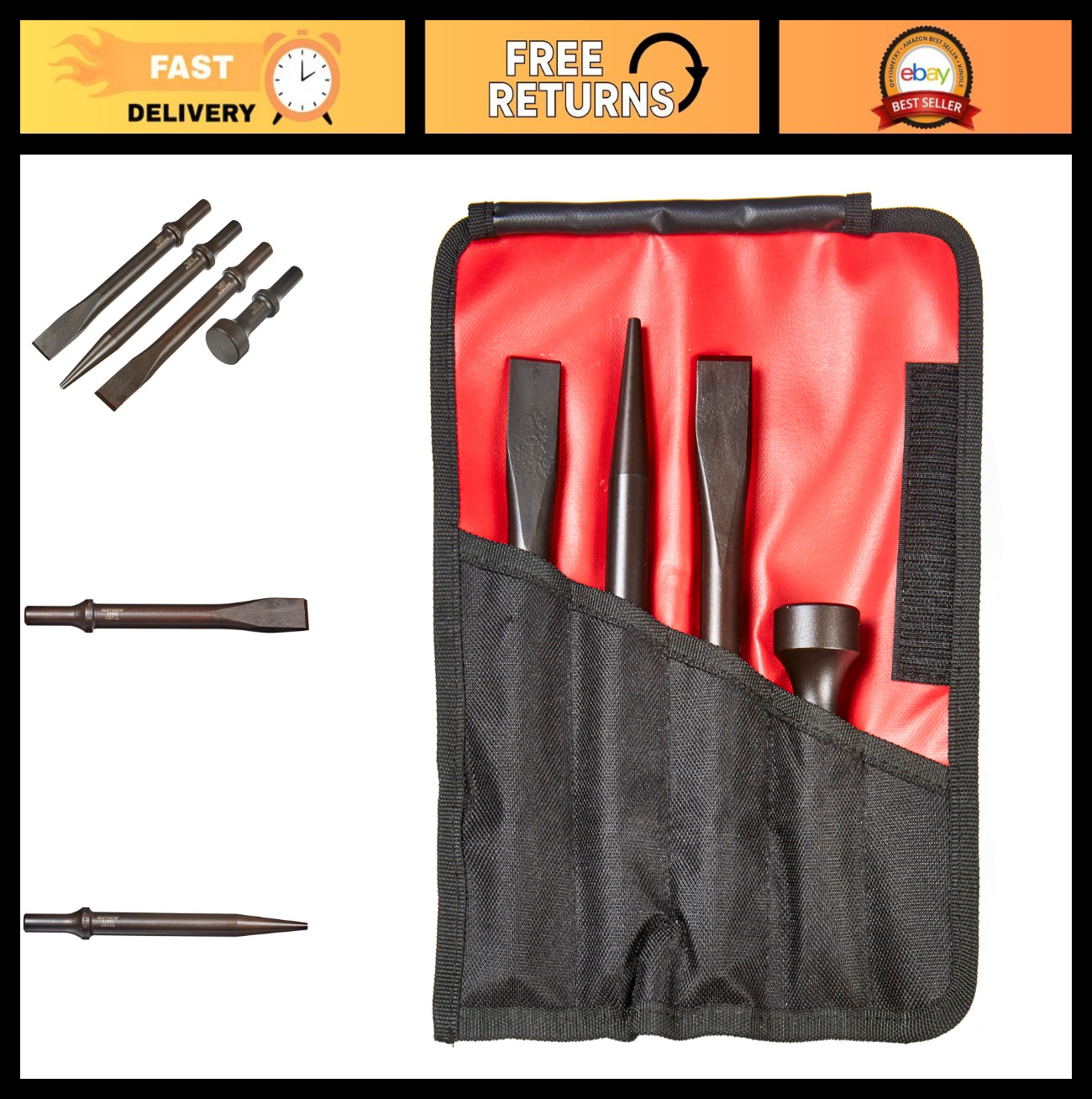 4-Piece Heavy-Duty Pneumatic Tool Set, .498 Shank, Black Oxide Finish – Durable