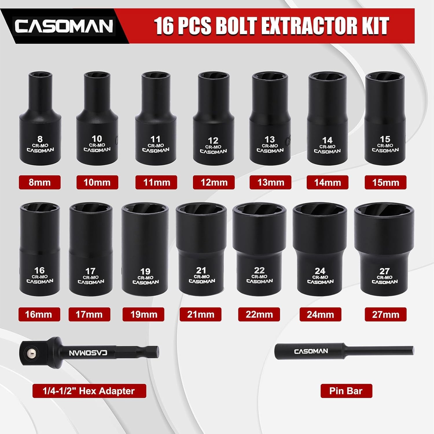 16PCS 1/2″ Drive Impact Bolt &Nut Extractor Socket Set Stripped Lug Nut Remover