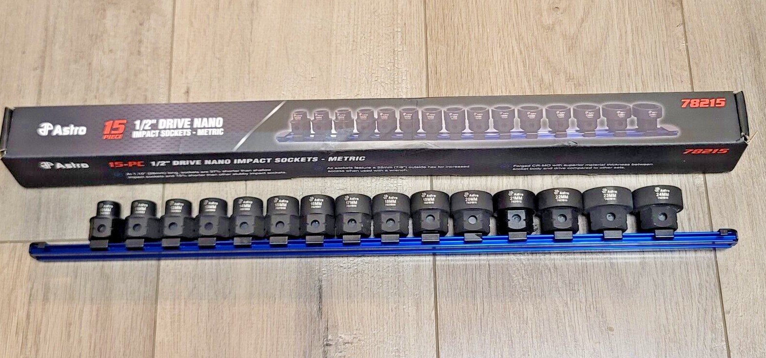 Astro 1/2″ dr 15pc Metric Low Profile Stubby Nano Impact socket Set w/Rail 78215