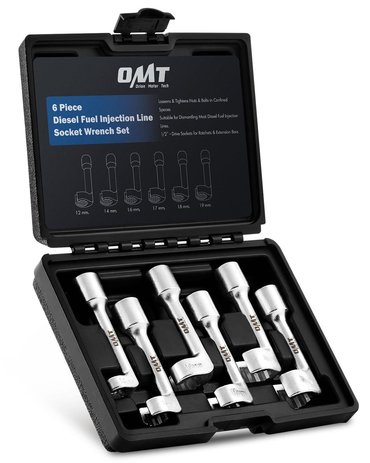 Orion Motor Tech 1/2 Dr Diesel Injector Line Socket Wrench Set, 6pc 12pt Diesel