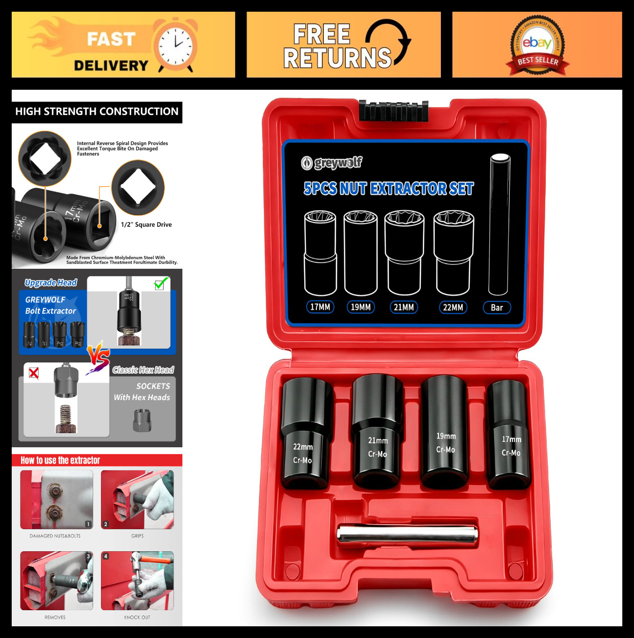 5-Piece Wheel Nut Removal Tool Set, 1/2″ Impact Socket & Bolt Extractor Kit, 17-