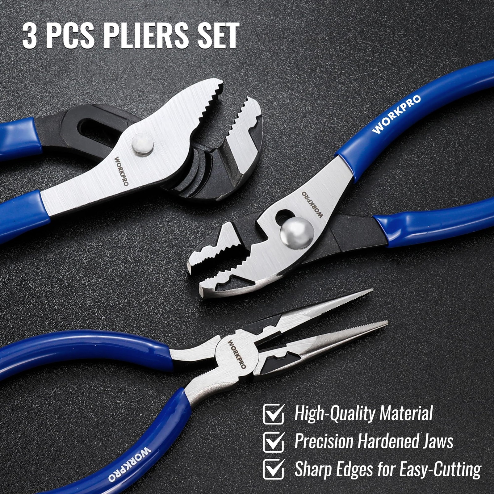 WORKPRO Pliers Set, 3-Piece Plier Tool Set with Soft Handle, 6″ Needle Navy