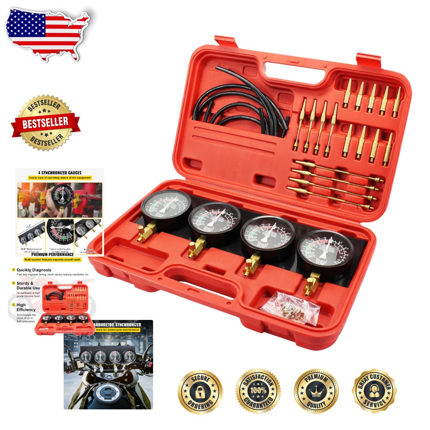 Pro Carb Sync Tool Kit 4 Gauges Vacuum Carburetor Adjuster Corrosion-Resistant