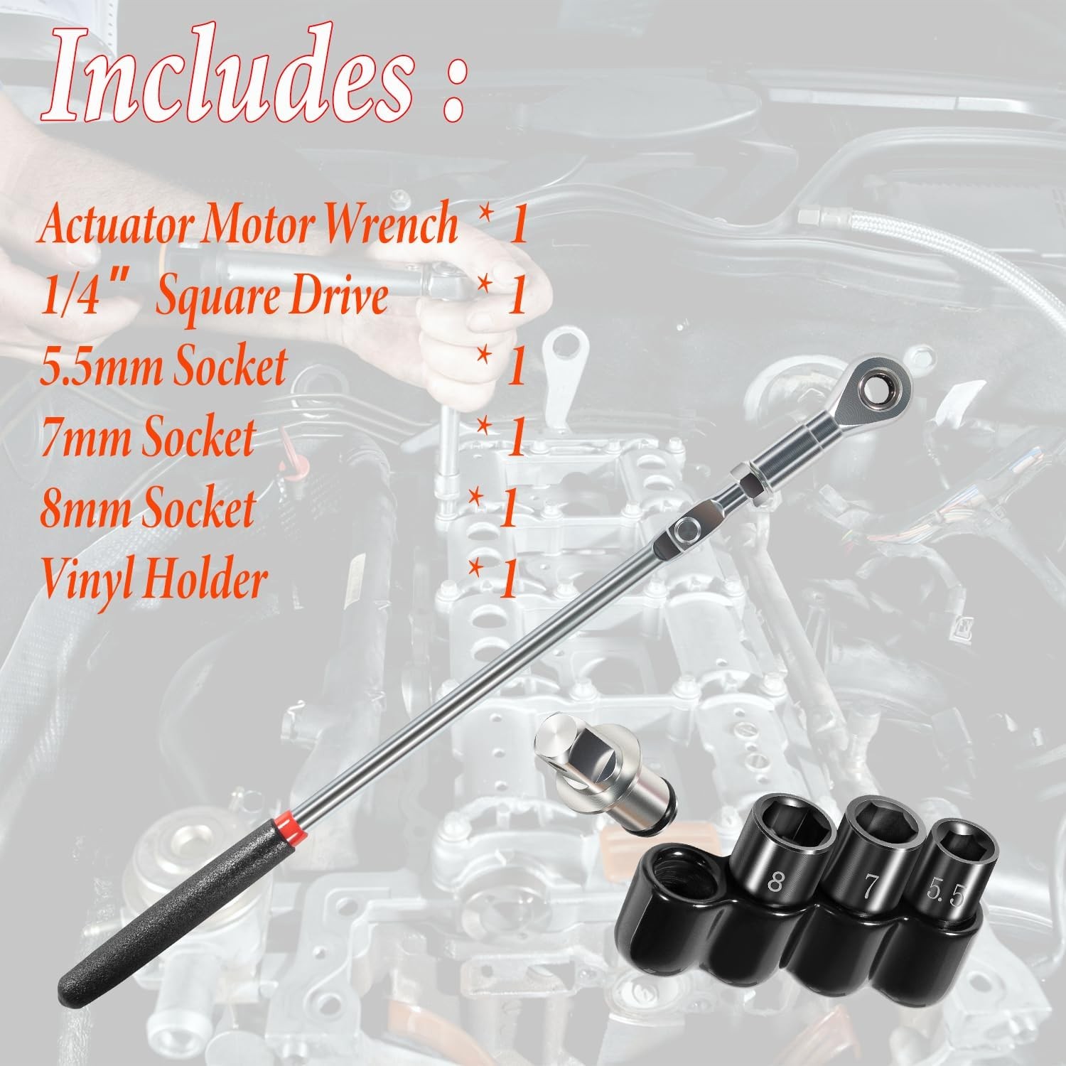 64180 Actuator Motor Wrench Tool Set include Sockets & 1/4″ Square Drive Adapter