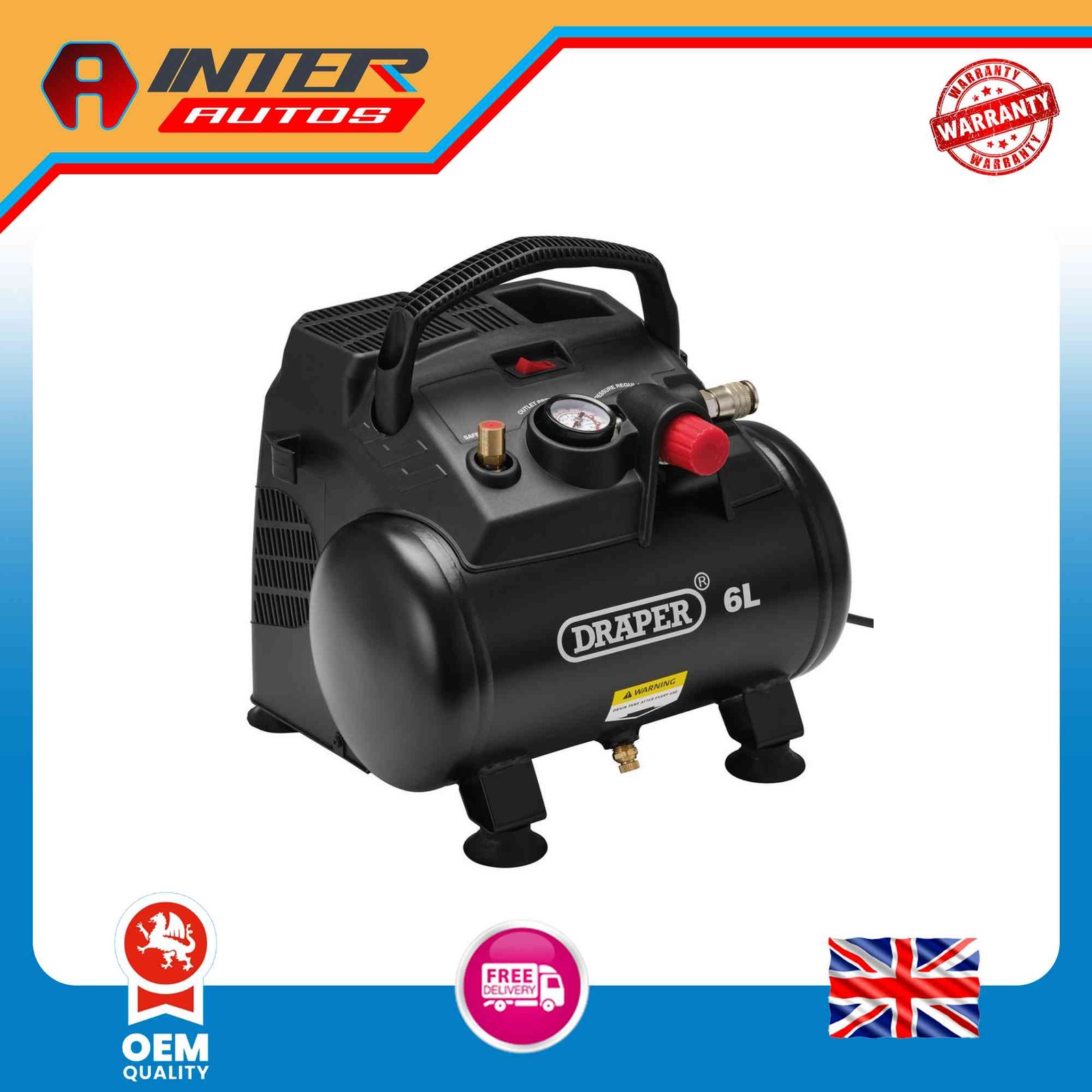 Draper 6L Oil-Free Air Compressor, 1.2kW-1.5hp 02115