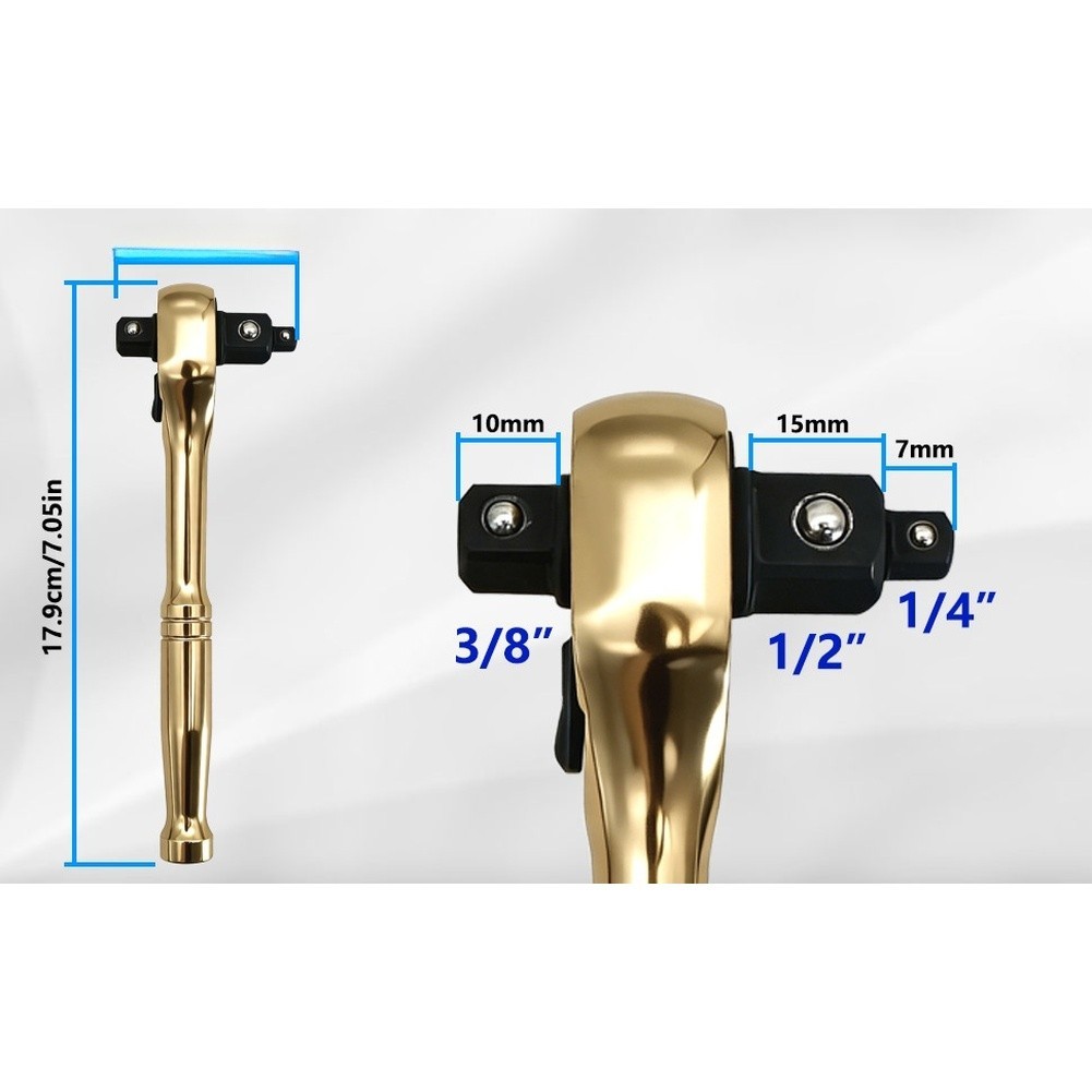 Gold Plated 3 in 1 Ratchet Wrench 1/4 3/8 1/2 Inch Drives for Car Repair