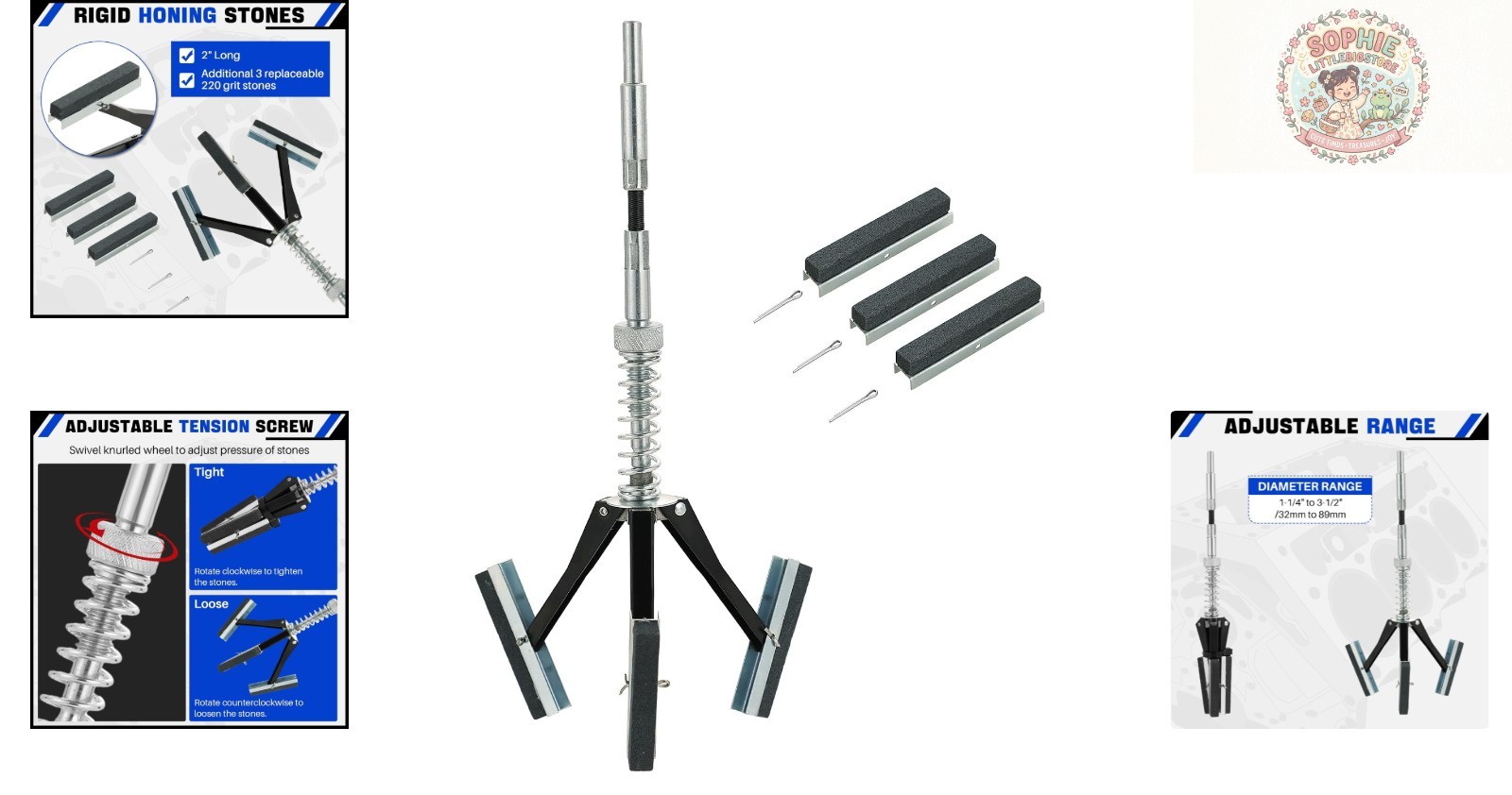 Engine Cylinder Hone with 3 Adjustable Stones | 1-1/4″ to 3-1/2″ Size