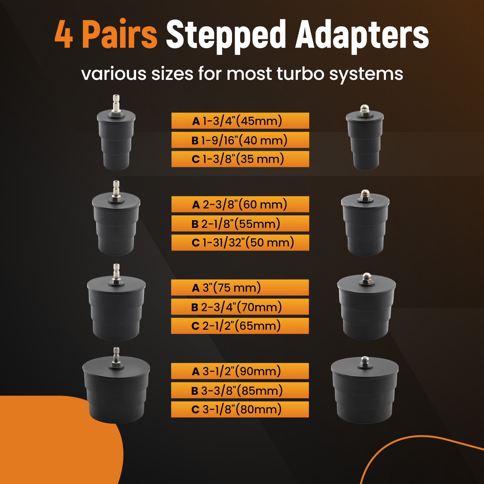 Turbo System Leakage Tester Set 4 pairs of 35 40 45 mm stepped adapters
