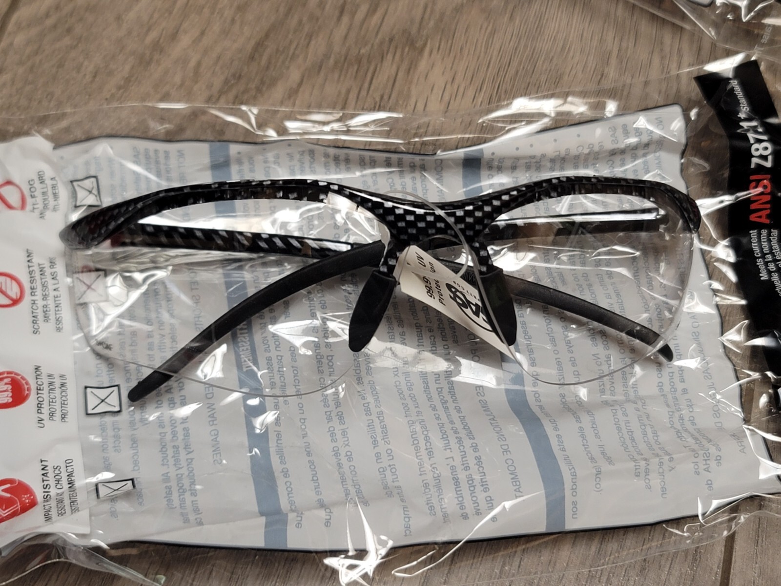 SAS 3pc Carbon Fiber Looking Frame Clear Lens Safety Glasses #543-3010