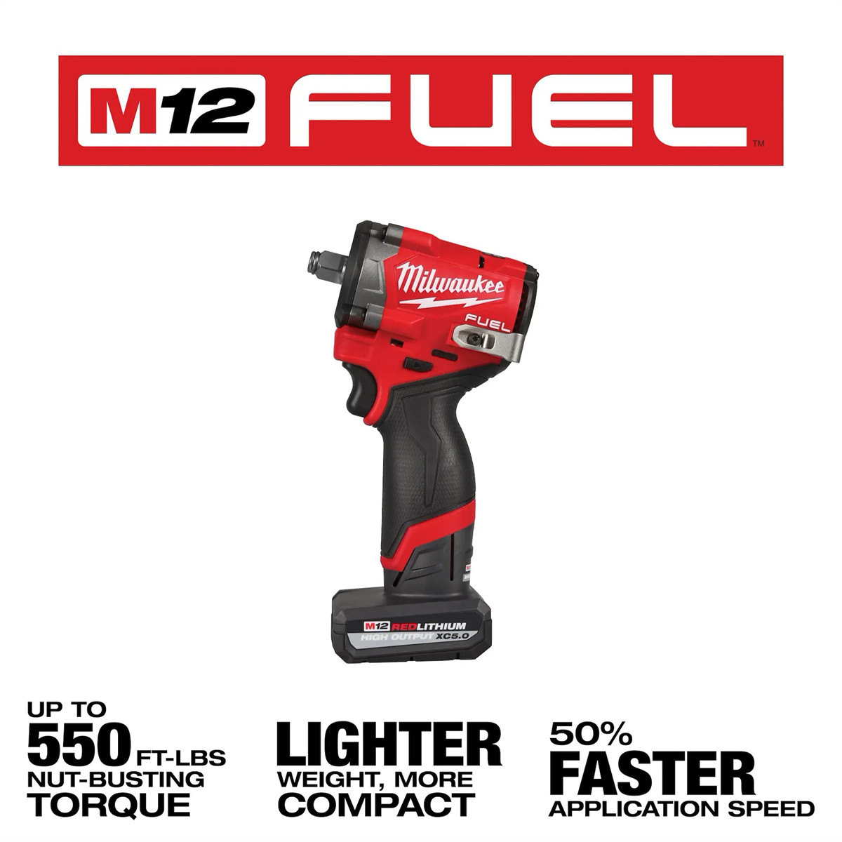 Milwaukee 2563-20 M12 FUEL 1/2 Inch Stubby Impact Wrench 550 Ft Lbs Compact