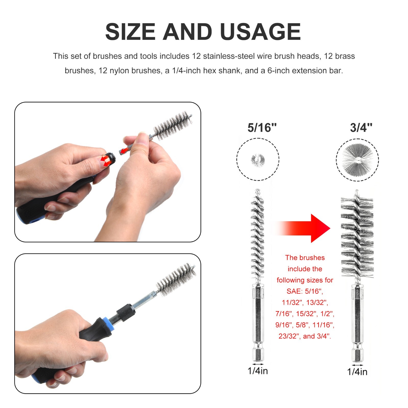 38PCS Industrial Wire 1/4in Hex Shank Brush Set Extendable Stainless Steel