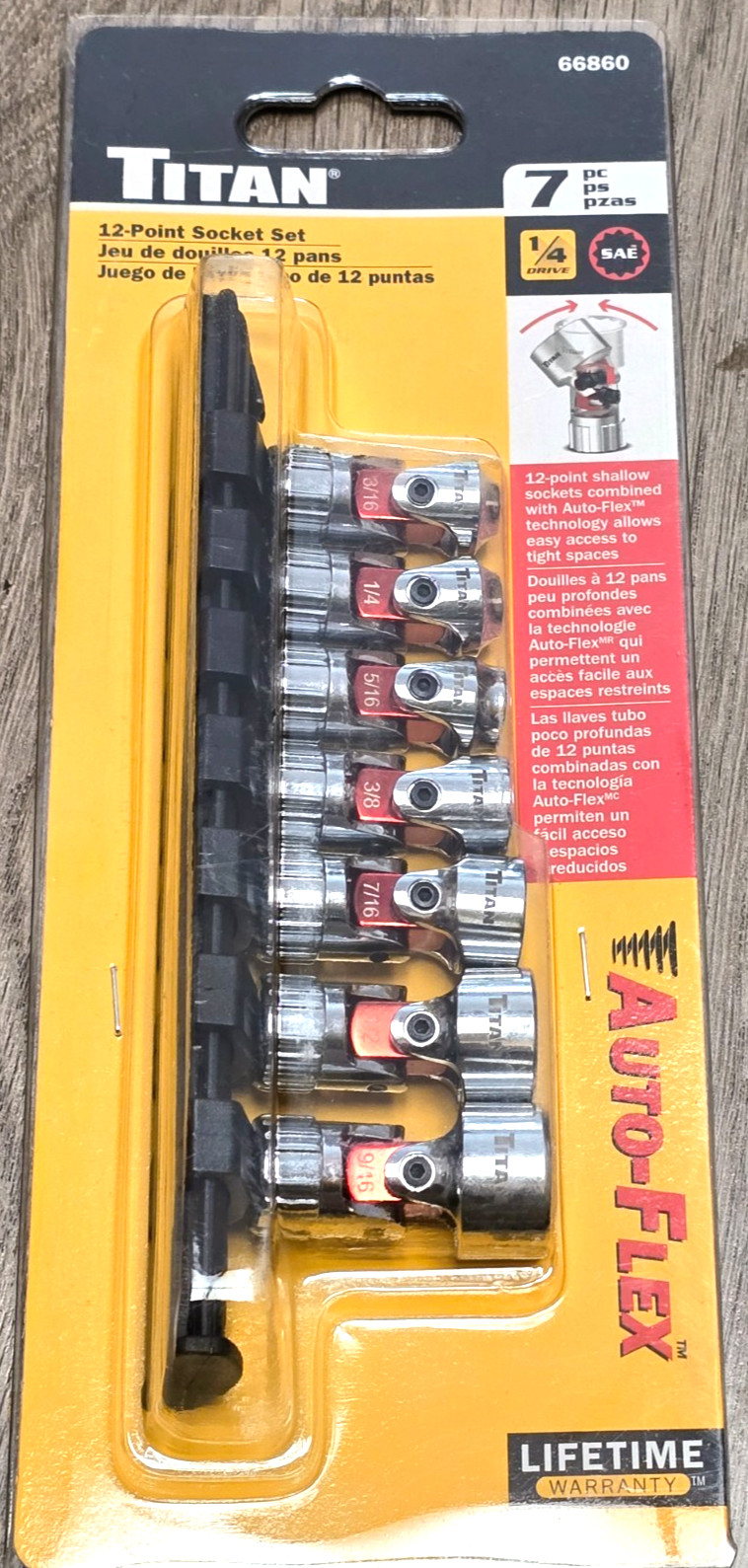 Titan 7pc 1/4″ dr Auto-Flex Spring Loaded 12pt SAE Flex Socket Set w/Rail #66860