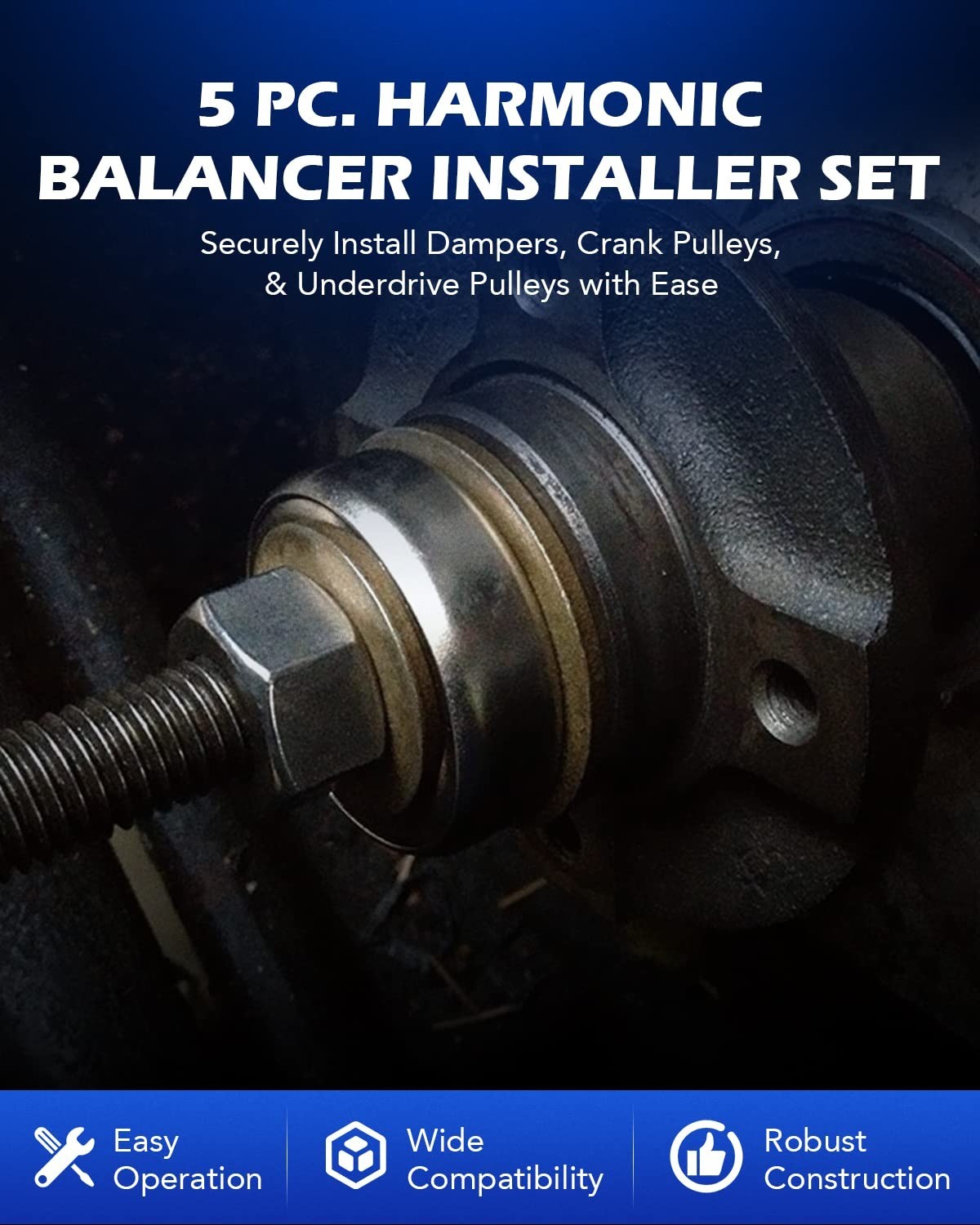 5pc Harmonic Balancer Installer Set | Long Reach Crank Pulley Tool Kit with Adap