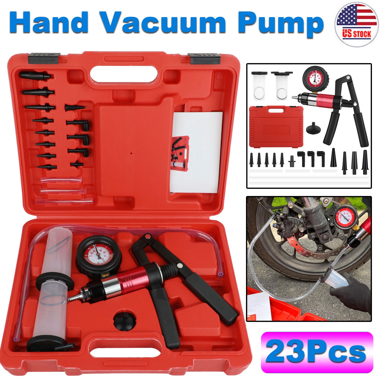 23Pcs Hand Held Vacuum and Pressure Pump Tester Tool Brake Bleeder Kit + Case