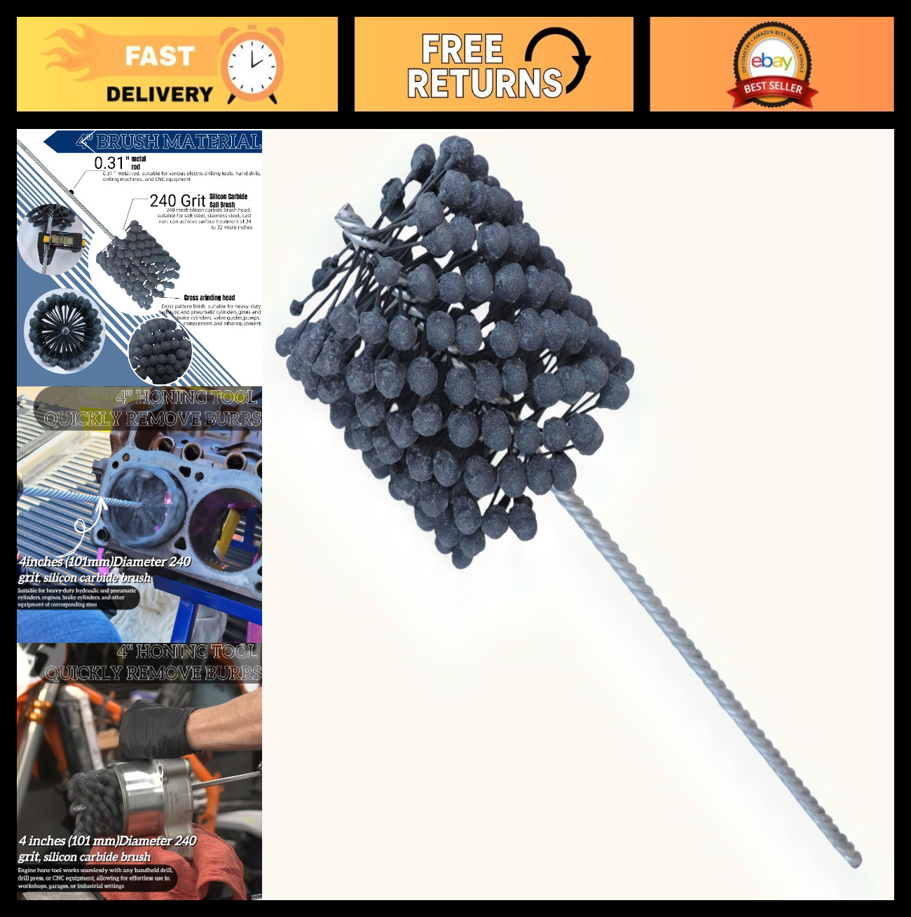 4″ Flexible Cylinder Hone Tool – 240 Grit Silicon Carbide for Engine Cylinder, F