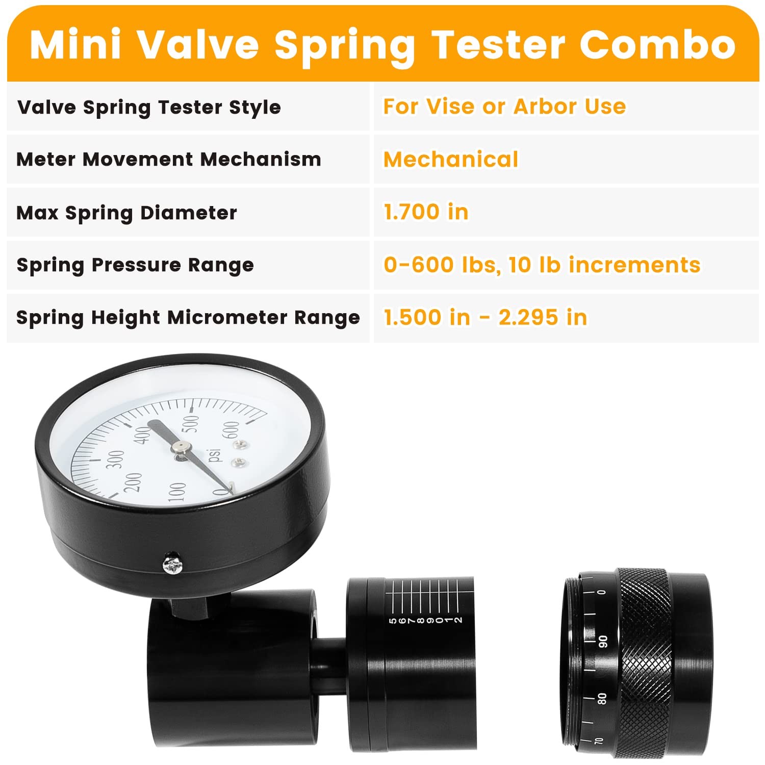 66841 Mini Valve Spring Tester & Measuring Combo, Round Dial Range 0-600LB,Black