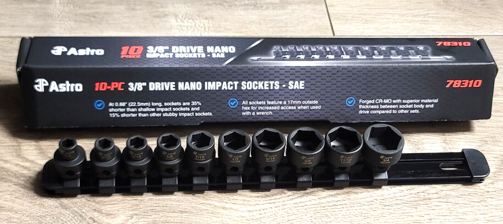Astro 3/8″ dr 10pc SAE Low Profile Stubby Nano Impact socket Set w/Rail 78310