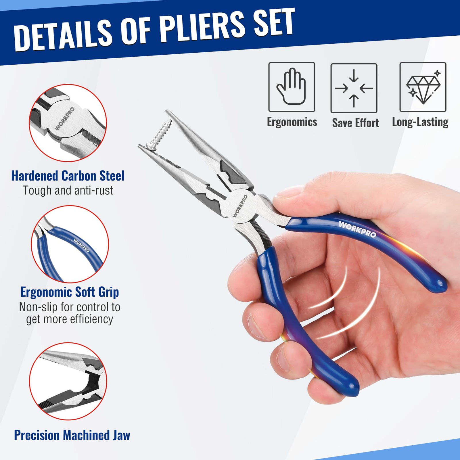 WORKPRO Pliers Set, 3-Piece Plier Tool Set with Soft Handle, 6″ Needle Navy