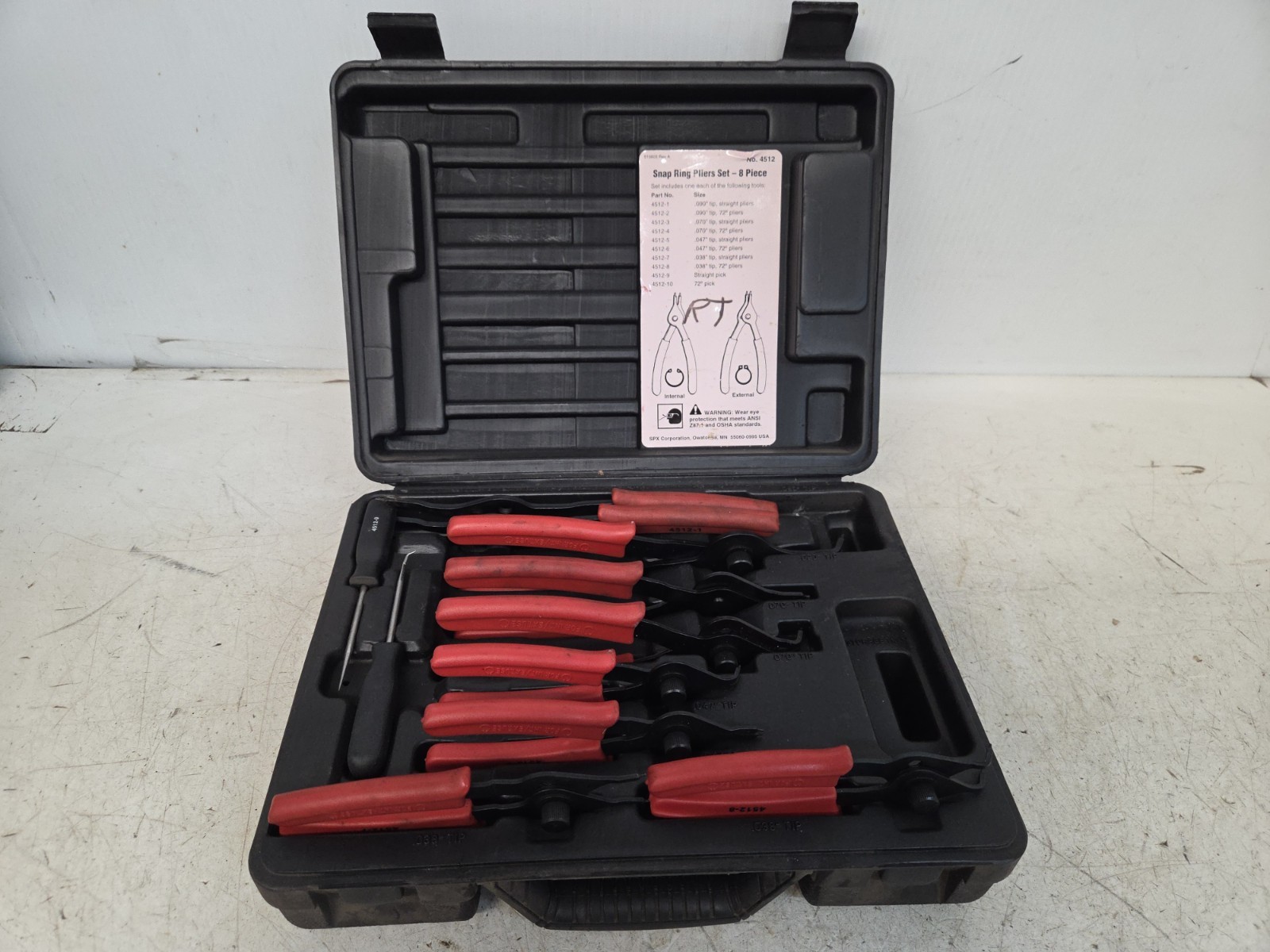 Used OTC Stinger 4512 External and Internal Snap Ring Pliers 8-piece Set – Red
