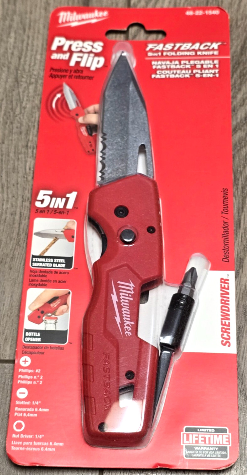 Milwaukee 5-in-1 Fastback Folding Pocket Knife w/Folding Screwdriver #48-22-1540