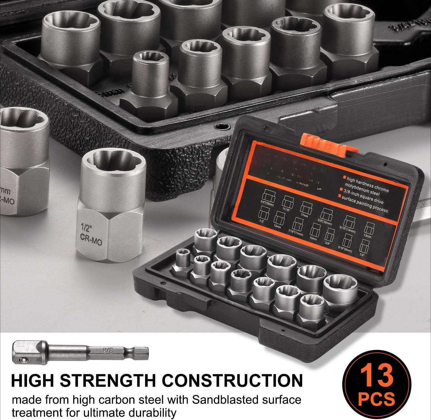 Bolt Extractor Set, 13+1 Piece Nut Extractor Sleeve Set, Drive Bolt Extractor