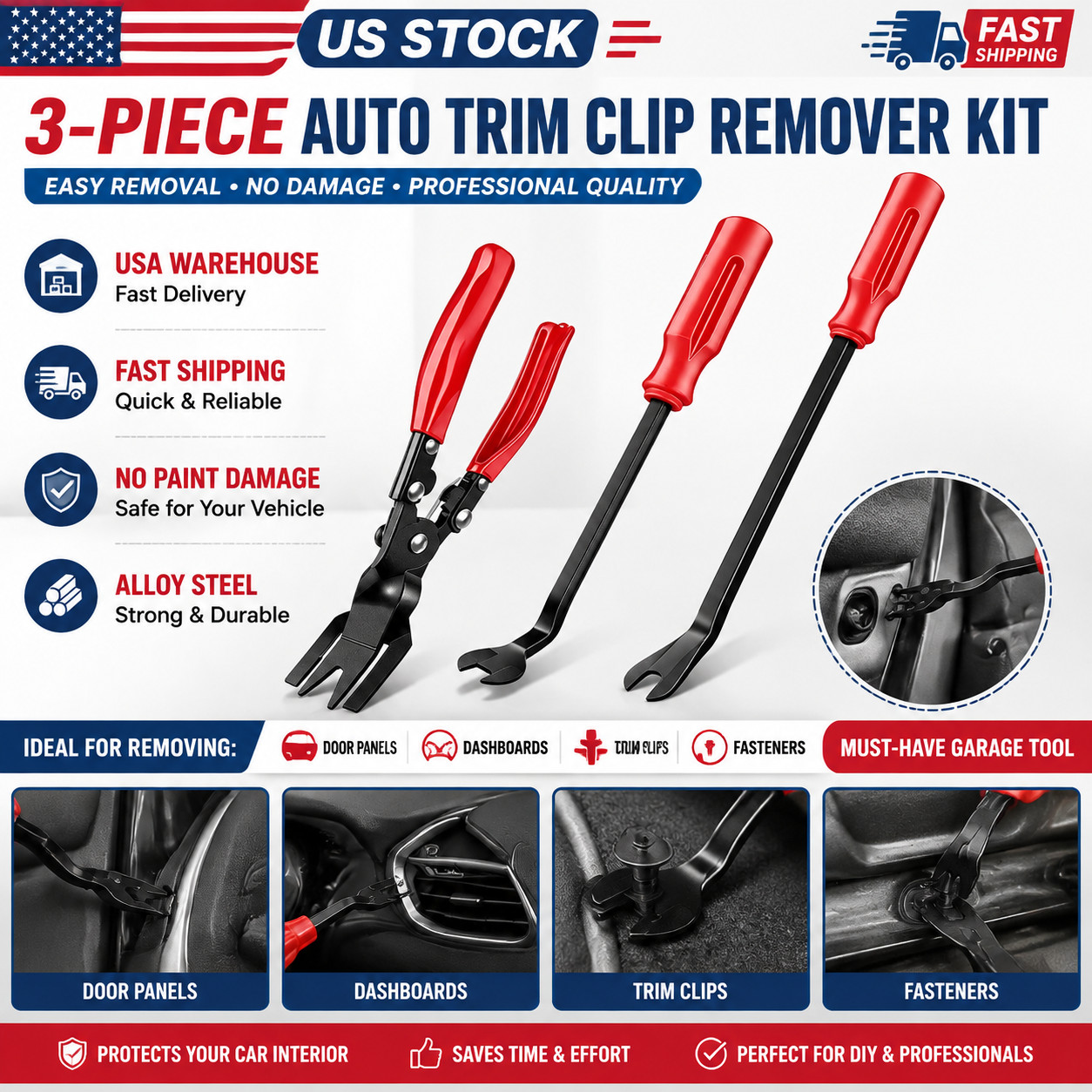 3 PCS Car Door Panel Fastener Pull Pliers Auto Trim Retainer Clip Removal Tool
