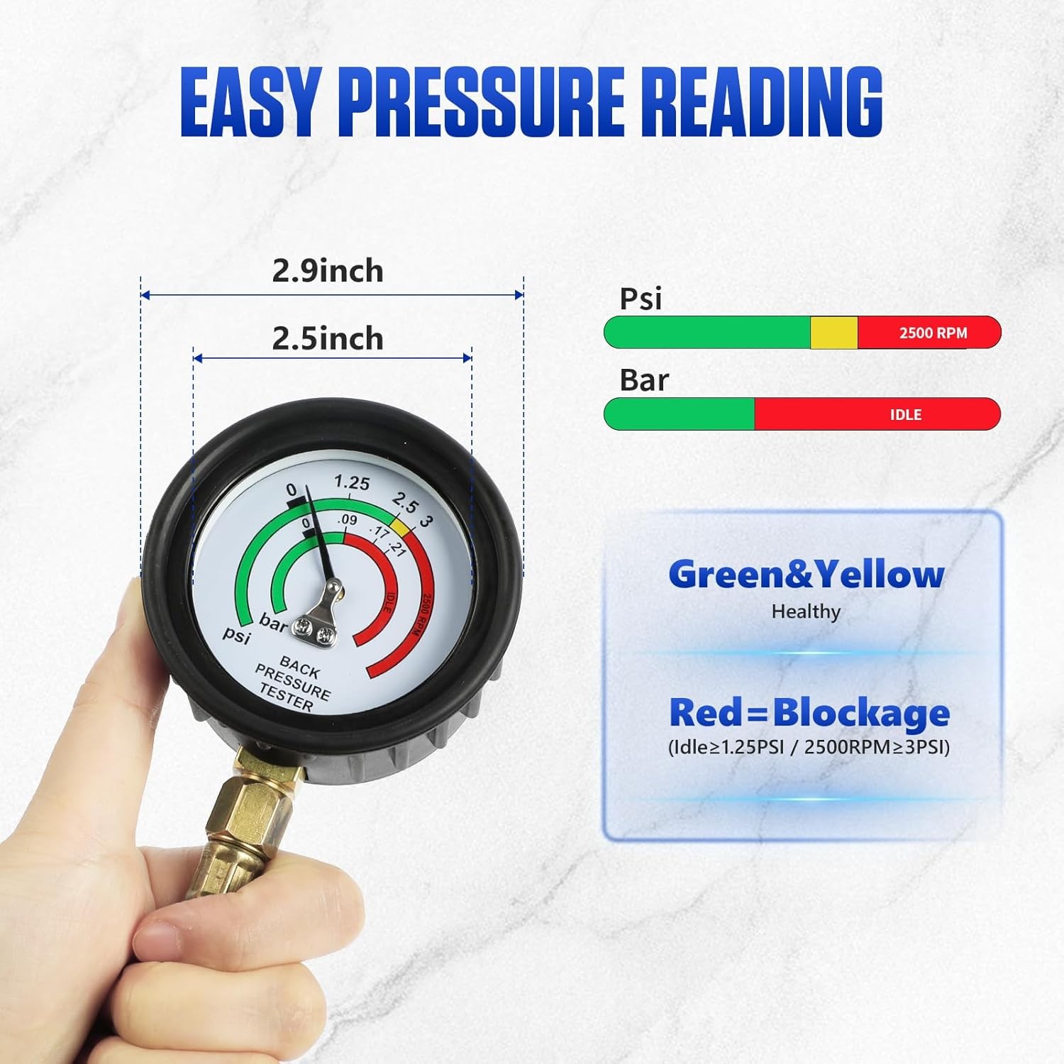 Exhaust Back Pressure Tester Gauge with Dual Scale (psi/Bar), 5-Ft Hose,Adapter