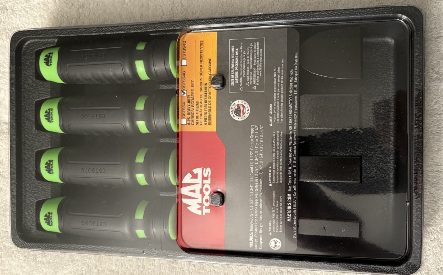 Mac Tools 4 Pc. Strikable Scraper Set (GREEN) w/Plastic Storage Tray