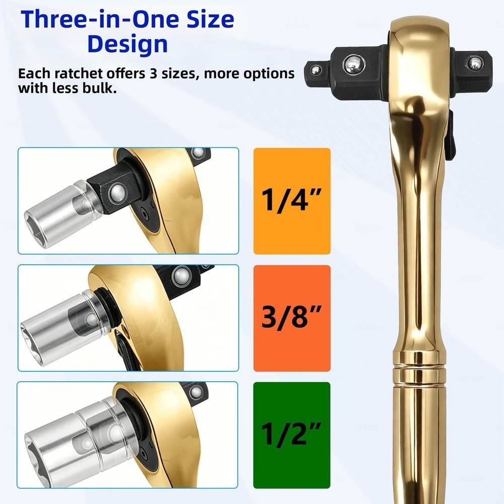 Gold Plated 3 in 1 Ratchet Wrench 1/4 3/8 1/2 Inch Drives for Car Repair