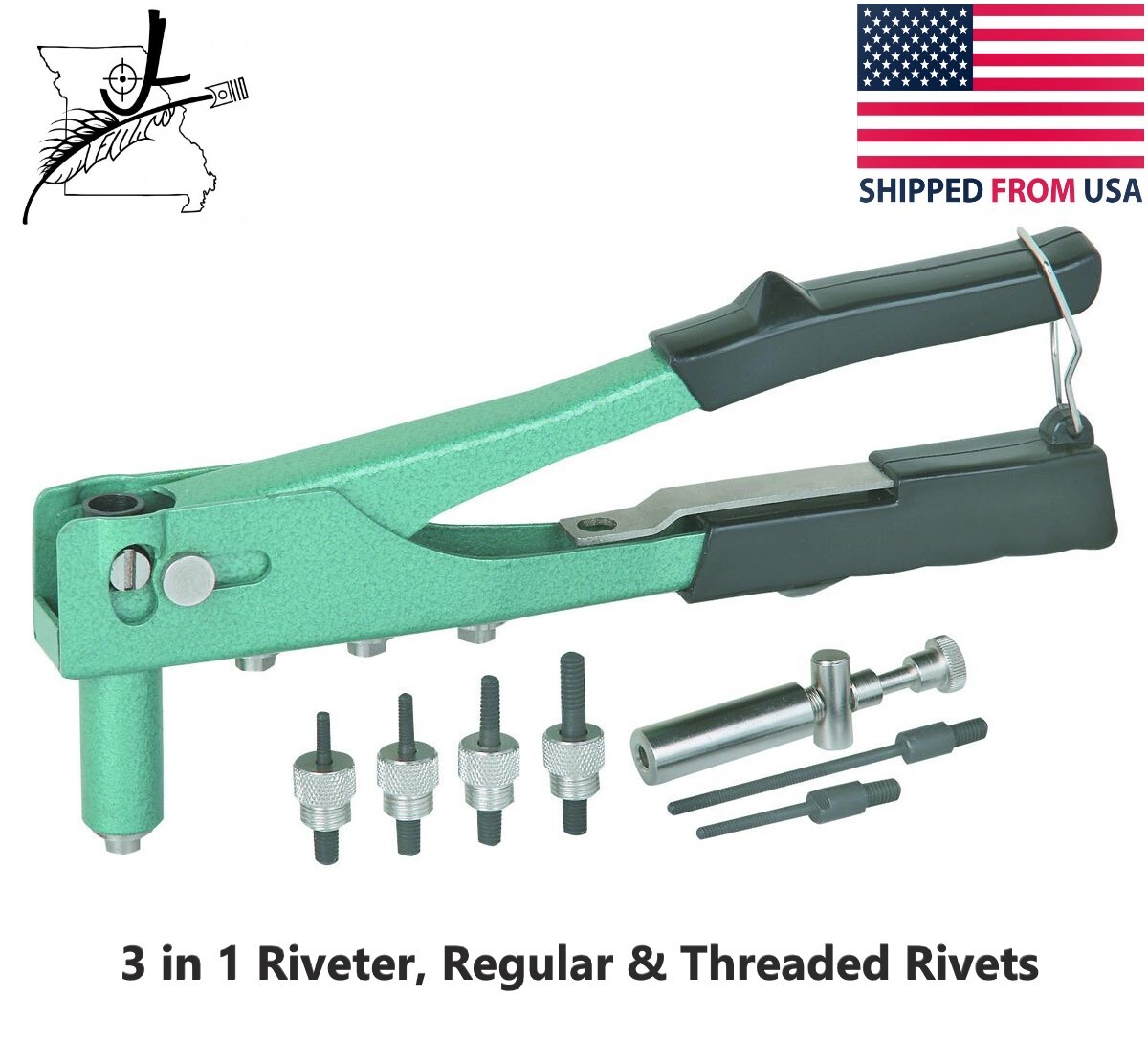 Threaded & Regular Blind Rivet Gun Kit 3/32″ 1/8″ 5/32″ 3/16″ Nose Pieces 4 Nut