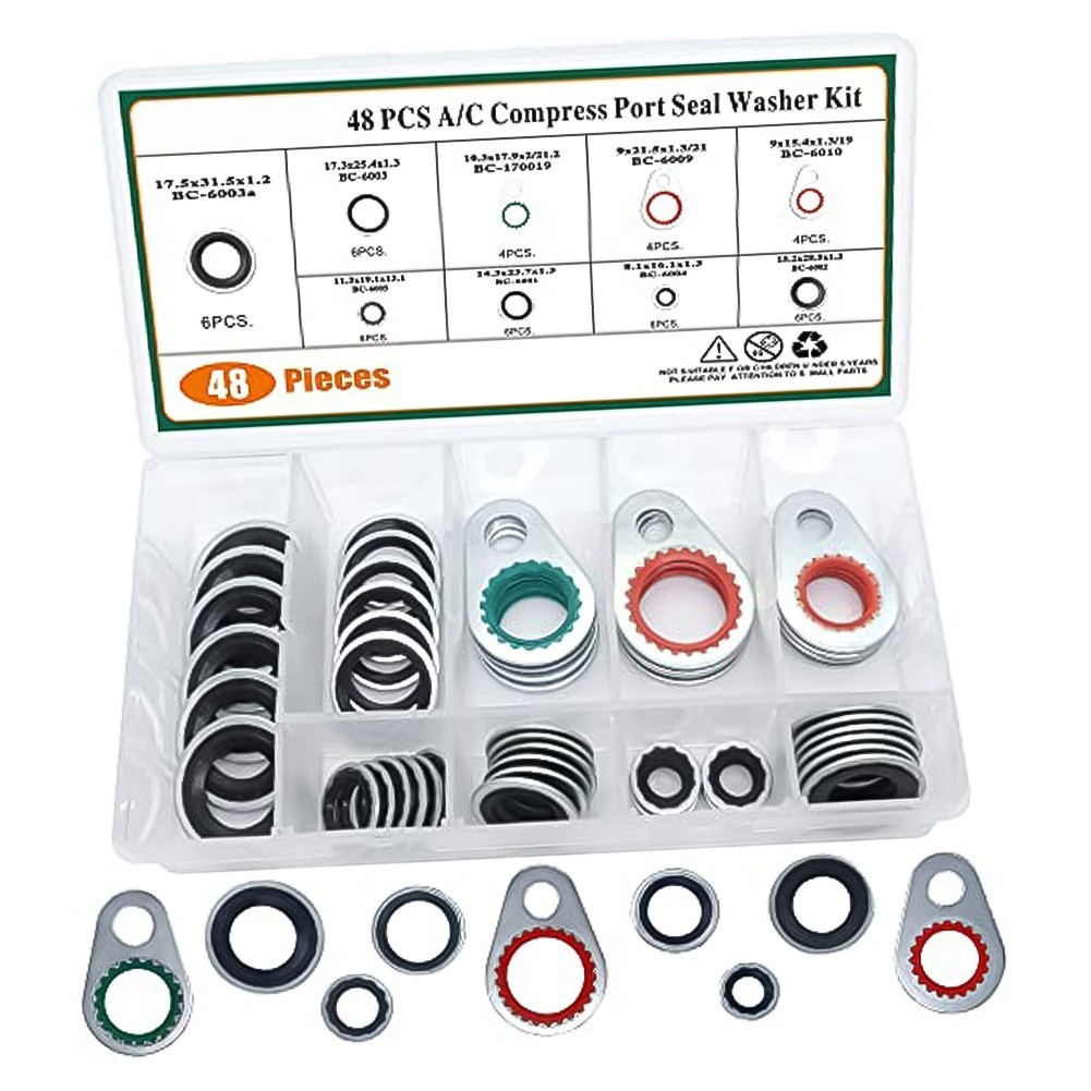 AC System Gasket Seal Washer Kit 48 Pieces Metal Ring and Rubber Construction
