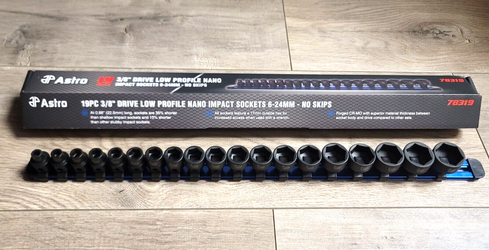 Astro 3/8″ dr 19pc Metric Low Profile Stubby Nano Impact socket Set w/Rail 78319