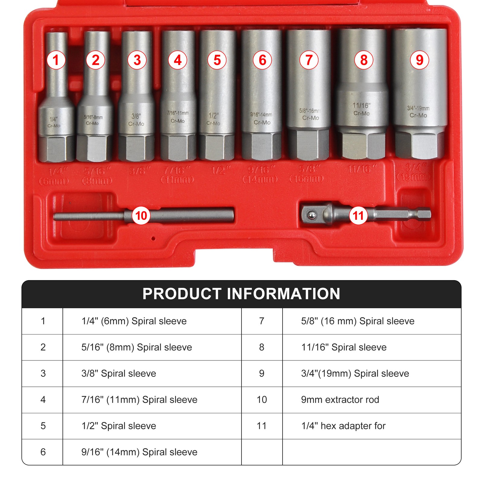 11PCS Spiral Type Bolt Extractor Tool, Broken Lug Nut Bolt Remover Easy-Out Set