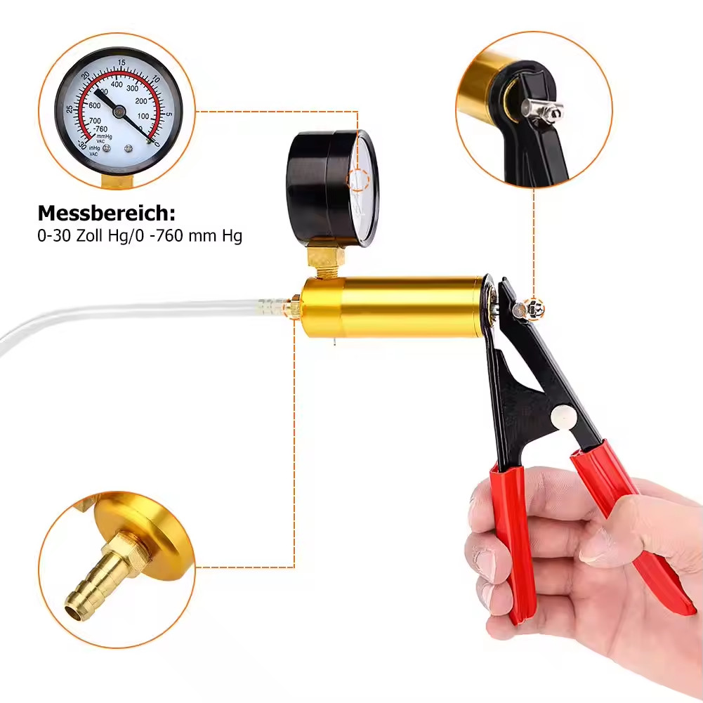 Car Vacuum Pump Tester, Hand Brake Liquid Suction Tool, 0~30 inHg 0~760 mmHg kPa