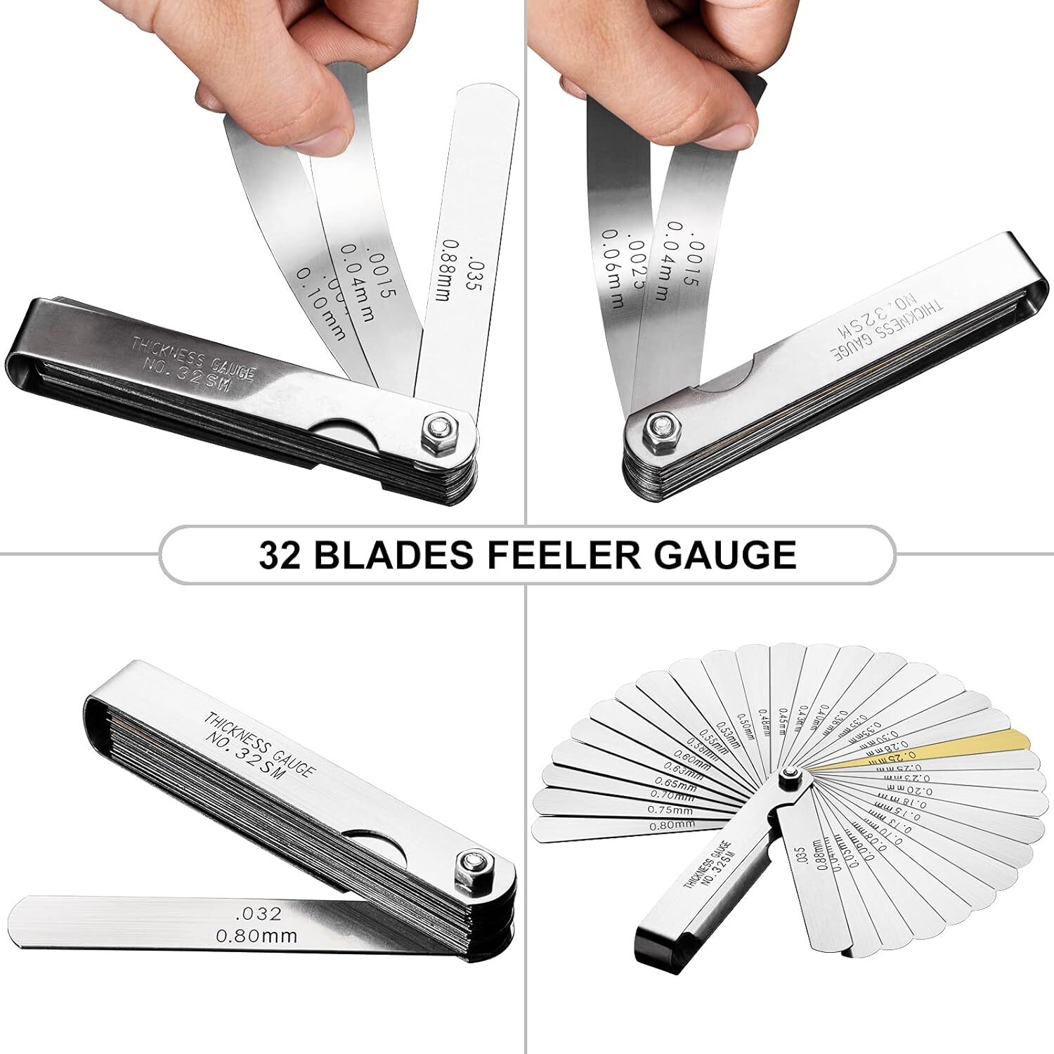 Feeler Gauge Set 32 Pieces Stainless Steel Foldable Feeler Gauges Measuring Tool