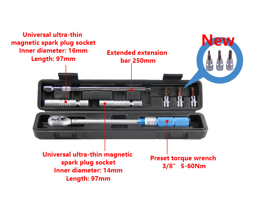 3/8 Inch Drive Click Torque Wrench Set with 14mm 16mm Spark Plug Socket Tool