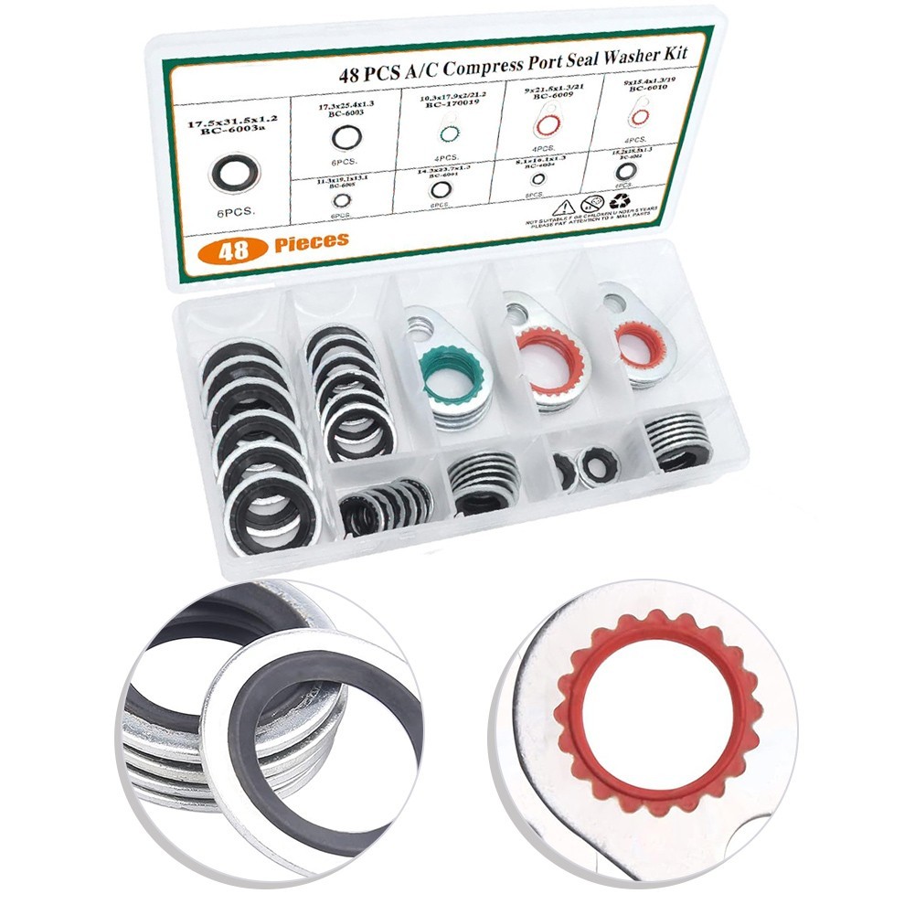 48PCS Car AC Compressor Gasket Seals Kit Made of Metal Ring and Rubber Gasket