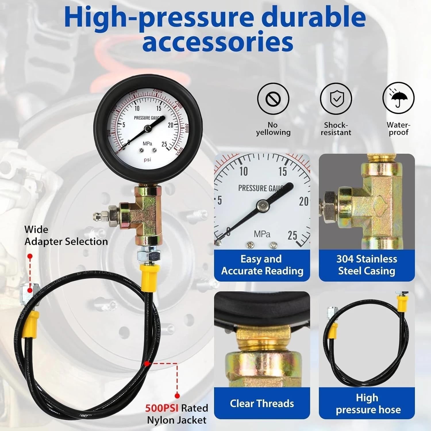 Universal Brake Pressure Gauge, 0-3500PSI, Brake System Test Diagnostic Tool