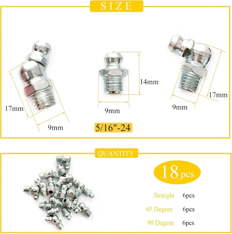 5/16″-24 18Pcs Grease Fitting Assortment Straight 45 90 5/16-24 18Pcs, Sliver