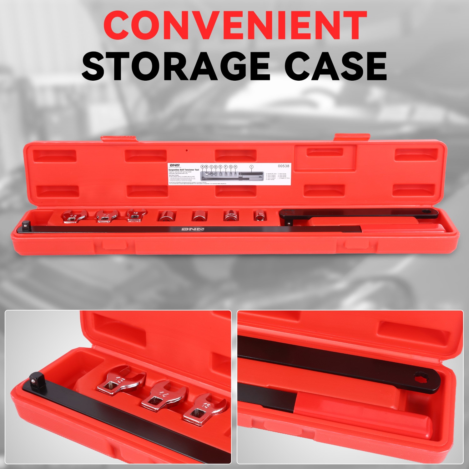 9Pc 9″/23″ Bar 1/2″/3/8″ Square Drive Serpentin Belt Tool Kit Set w/Storage Box