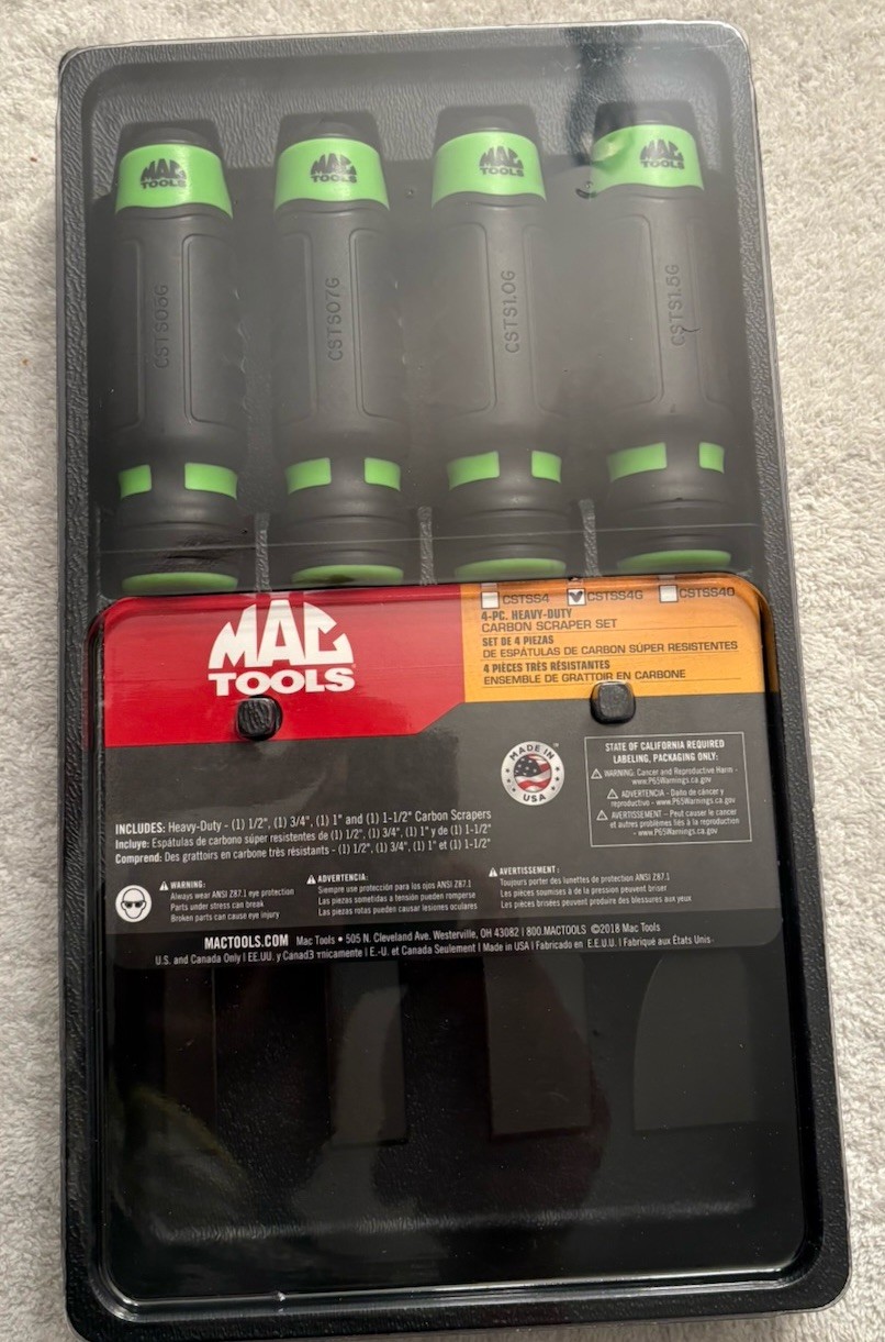 Mac Tools 4 Pc. Strikable Scraper Set (GREEN) w/Plastic Storage Tray