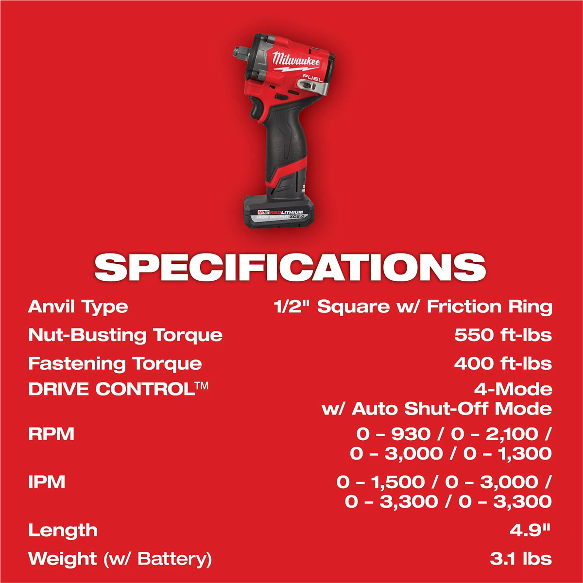 Milwaukee 2563-20 M12 FUEL 1/2 Inch Stubby Impact Wrench 550 Ft Lbs Compact