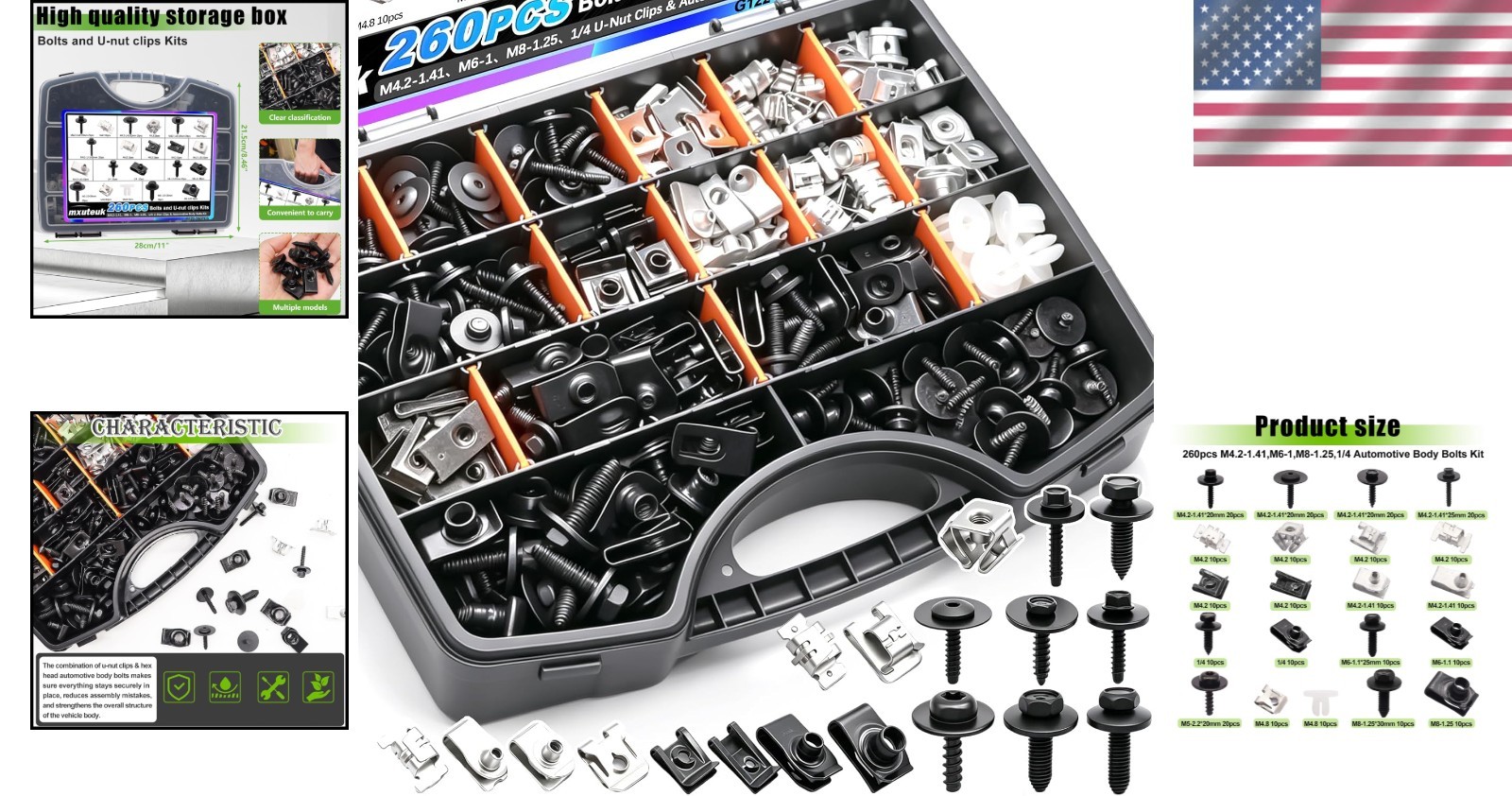 260PCS U-Nut Clips & Automotive Body Fender Bolts Kit,for Most Cars Fender,En…